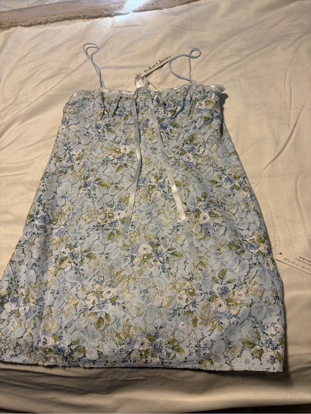 NWT.  For Love & Lemons. Light Blue Floral Lace Slip Dress